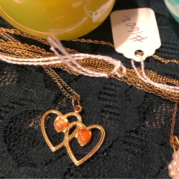 Double Heart Carnelian Gemstone Pendant Necklace on Gold Chain - Picture 7 of 8